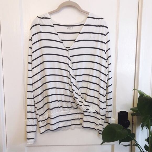 LOFT Tops - LOFT White & Black Striped Wrap Top with Banded Hem